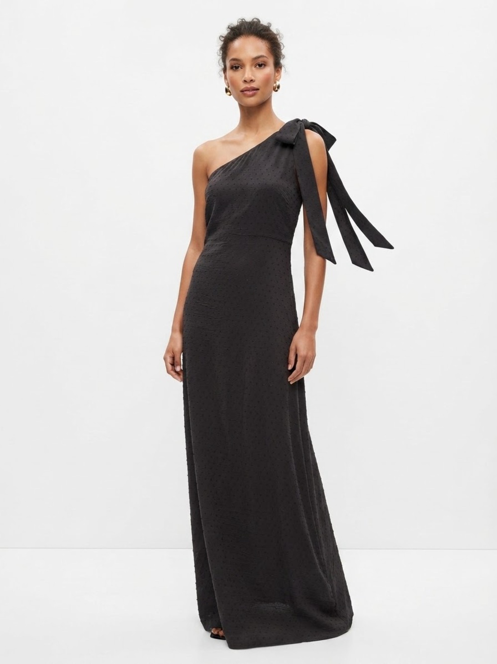 Entro L Black Long Maxi Dress One Shoulder Bow Formal Vacation